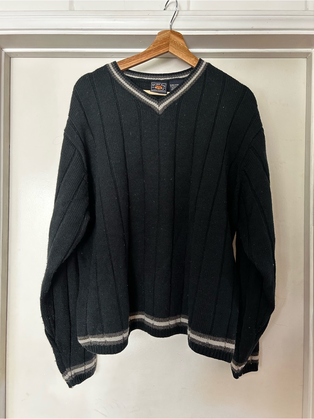 Route 66 Black V-Neck Sweater with Gray and Cream Trim